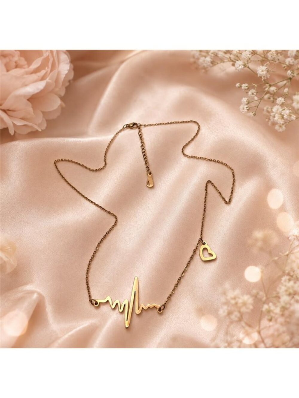 Rose Gold Tone Heartbeat EKG Heart Charm Necklace 18K GP 21" Adjustable